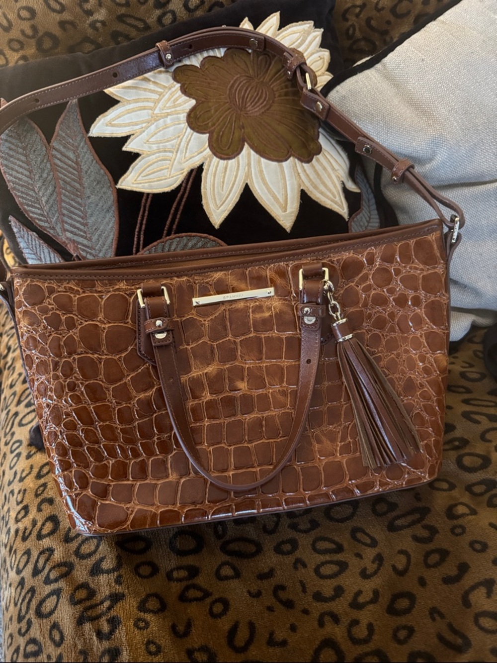 Brahmin Cognac Croc-Embossed Tote with Tassel